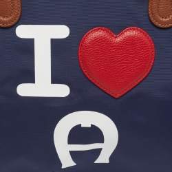 Pre Owned Aigner I Love A Blue/Brown Nylon Zip Satchel