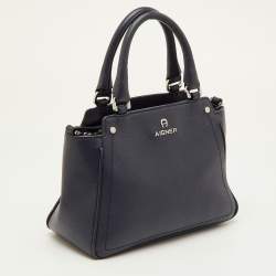 Pre Owned Aigner Navy Blue Leather Top Zip Satchel