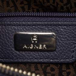 Pre Owned Aigner Navy Blue Leather Top Zip Satchel
