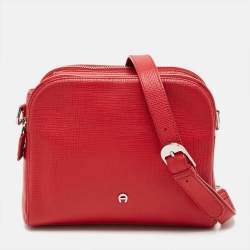 مملوكة مسبقًا Aigner Double Zip Red Leather Shoulder Bag