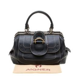 Pre Owned Aigner Black Leather Hyde Park Frame Satchel