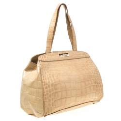 Pre Owned Aigner Beige Croc Embossed Leather Tote