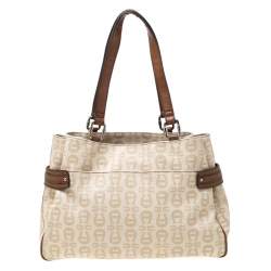 Pre Owned Aigner Beige/Brown Signature Coated Canvas and Leather Belted Tote