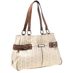 Pre Owned Aigner Beige/Brown Signature Coated Canvas and Leather Belted Tote