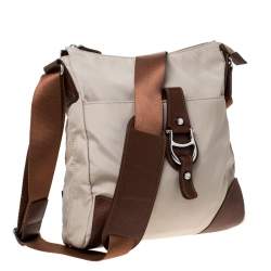 Pre Owned Aigner Beige/Brown Nylon and Leather Logo Buckle Crossbody Bag