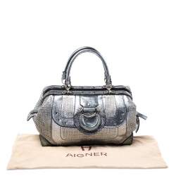 Pre Owned Aigner Metallic Silver  Faux Leather Studded Satchel