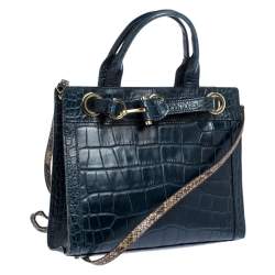 Pre Owned Aigner Blue Crocodile Embossed Leather Cavallina Top Handle