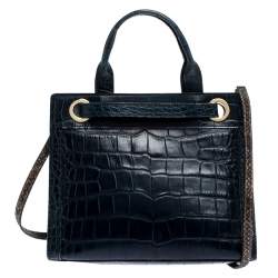 Pre Owned Aigner Blue Crocodile Embossed Leather Cavallina Top Handle