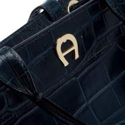 Pre Owned Aigner Blue Crocodile Embossed Leather Cavallina Top Handle