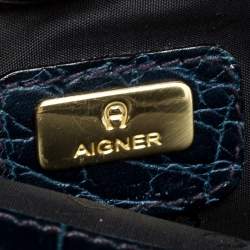 Pre Owned Aigner Blue Crocodile Embossed Leather Cavallina Top Handle