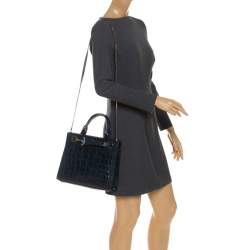 Pre Owned Aigner Blue Crocodile Embossed Leather Cavallina Top Handle