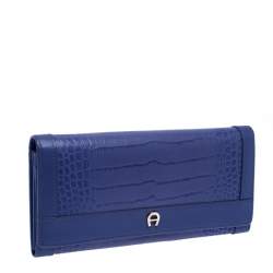 Pre Owned Aigner Purple Croc Embossed Continental Wallet