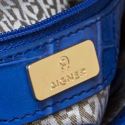 Pre Owned Aigner Blue Croc Embossed Leather Crossbody Bag