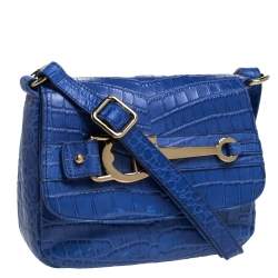 Pre Owned Aigner Blue Croc Embossed Leather Crossbody Bag