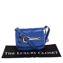 Pre Owned Aigner Blue Croc Embossed Leather Crossbody Bag
