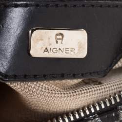 Pre Owned Aigner Monogram Metallic Black Signature Fabric Shoulder Bag