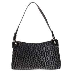 Pre Owned Aigner Monogram Metallic Black Signature Fabric Shoulder Bag