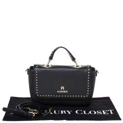 Pre Owned Aigner Black Studded Leather Flap Middle East Exclusive Top Handle Bag