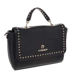Pre Owned Aigner Black Studded Leather Flap Middle East Exclusive Top Handle Bag