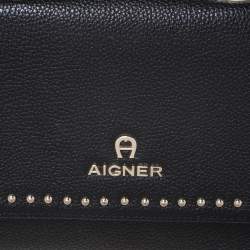 Pre Owned Aigner Black Studded Leather Flap Middle East Exclusive Top Handle Bag