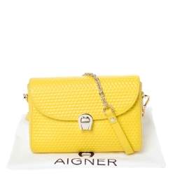 Pre Owned Aigner Yellow Embossed Leather Genoveva Crossbody Bag