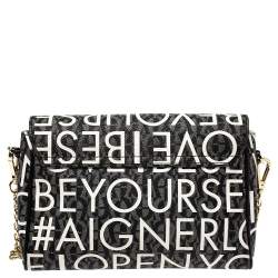 Pre Owned Aigner Black/White Coated Canvas Zoe Flap Crossbody Bag
