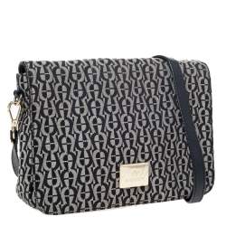 Pre Owned Aigner Grey/Black Signature Canvas and Leather Crossbody Bag
