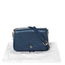Pre Owned Aigner Navy Blue Leather Flap Crossbody Bag