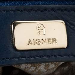 Pre Owned Aigner Navy Blue Leather Flap Crossbody Bag
