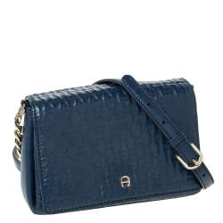Pre Owned Aigner Navy Blue Leather Flap Crossbody Bag