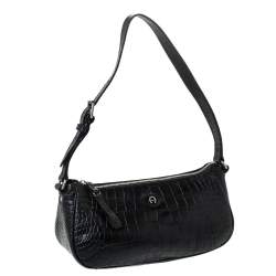 Pre Owned Aigner Black Crocodile Embossed Leather Shoulder Bag