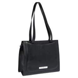 Pre Owned Aigner Black Matt Leather Logo Plaque Zip Tote