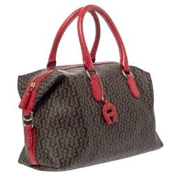 Pre Owned Aigner Brown/Red Signature Coated Canvas and Leather Satchel