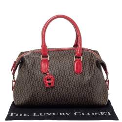 Pre Owned Aigner Brown/Red Signature Coated Canvas and Leather Satchel