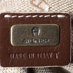 Pre Owned Aigner Dark Brown/White Leather Logo Buckle Flap Shoulder Bag