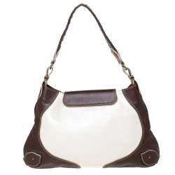 Pre Owned Aigner Dark Brown/White Leather Logo Buckle Flap Shoulder Bag