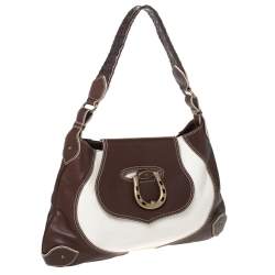 Pre Owned Aigner Dark Brown/White Leather Logo Buckle Flap Shoulder Bag