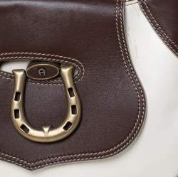 Pre Owned Aigner Dark Brown/White Leather Logo Buckle Flap Shoulder Bag