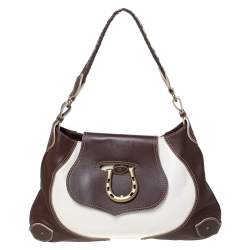 Pre Owned Aigner Dark Brown/White Leather Logo Buckle Flap Shoulder Bag