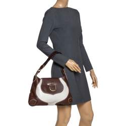 Pre Owned Aigner Dark Brown/White Leather Logo Buckle Flap Shoulder Bag