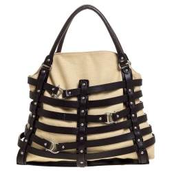 Pre Owned Aigner Brown/Beige Canvas and Leather Damascus Belted Tote