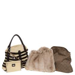 Pre Owned Aigner Brown/Beige Canvas and Leather Damascus Belted Tote