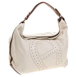 Pre Owned Aigner Ivory Leather Hobo