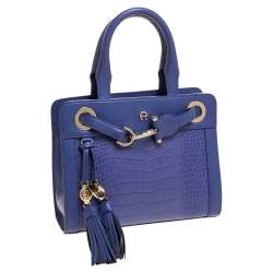 Pre Owned Aigner Lavender Crocodile Embossed Leather Cavallina Top Handle Bag