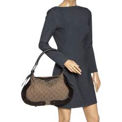 Pre Owned Aigner Brown Signature Canvas and Leather Zip Hobo