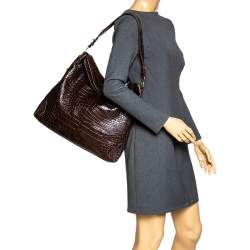 Pre Owned حقيبة هوبو أيغنر جلد تمساح بارز بني داكن 