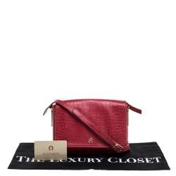 Pre Owned Aigner Red Croc Embossed Leather Crossbody Bag