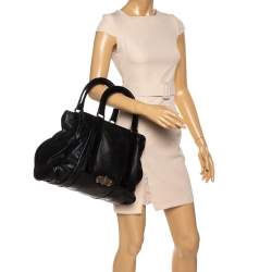 Pre Owned Aigner Black Leather Metal Plaque Tote