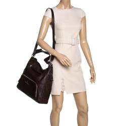 Pre Owned Aigner Dark Brown Leather Drawstring Front Pocket Top Handle Bag