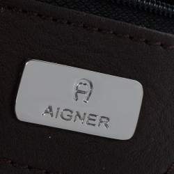 Pre Owned Aigner Dark Brown Leather Drawstring Front Pocket Top Handle Bag